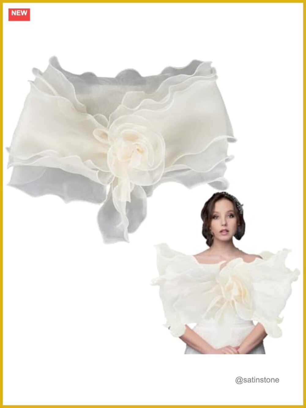 Chiffon Ruffle Shawl Wrap Vintage Sheer Cape Pleated Floral Trimming Detachable